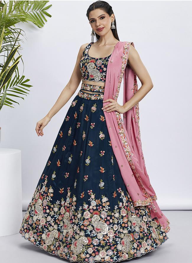 Organza Navy Blue Wedding Wear Sequins Work Lehenga Choli